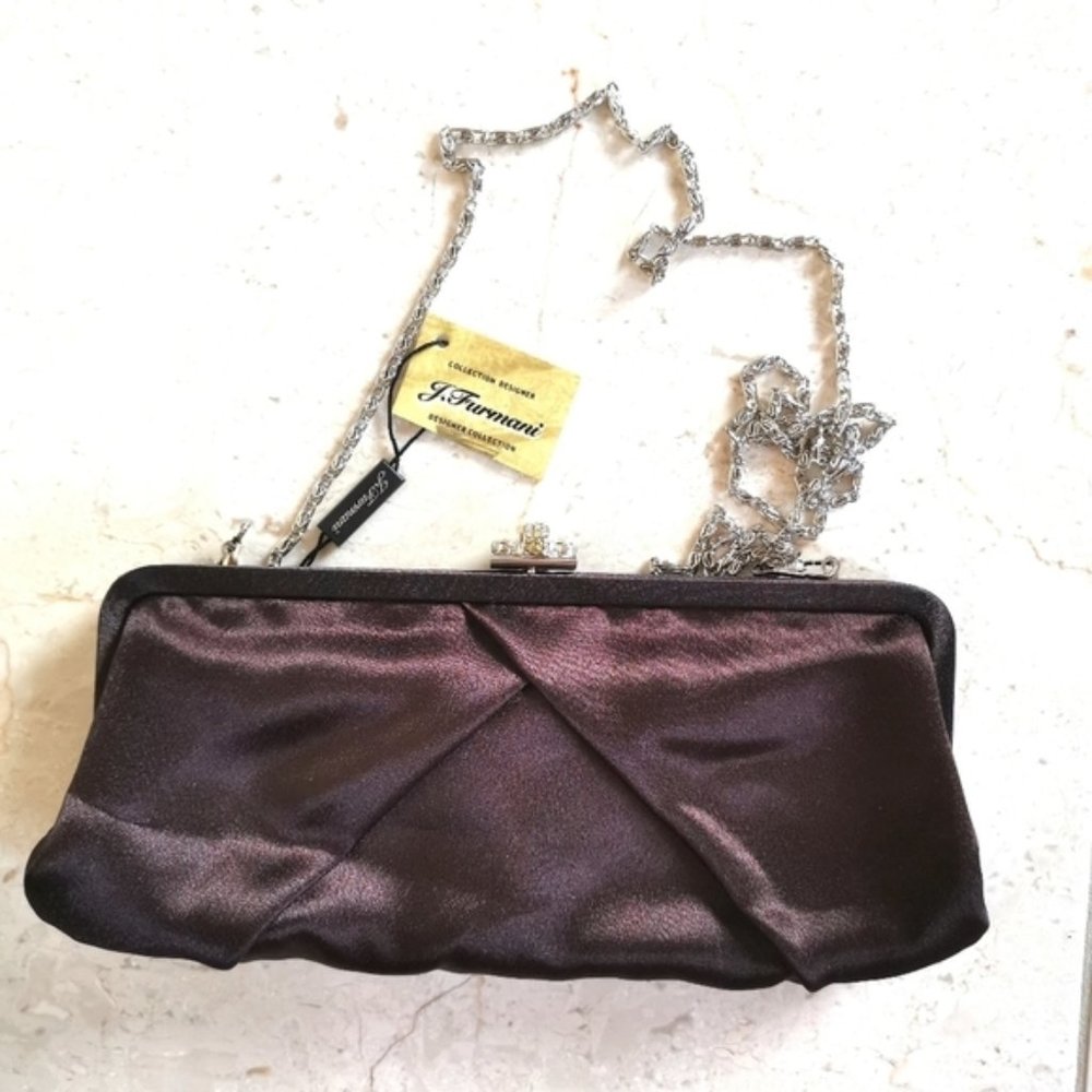 Nwt, Brown Satin evening clutch bag with shoulder chain